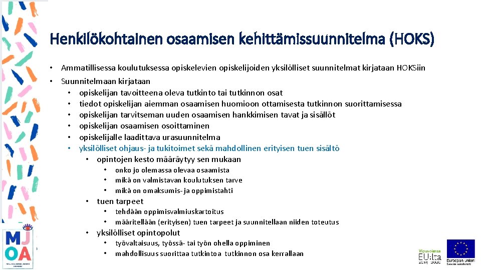 Henkilökohtainen osaamisen kehittämissuunnitelma (HOKS) • Ammatillisessa koulutuksessa opiskelevien opiskelijoiden yksilölliset suunnitelmat kirjataan HOKSiin •