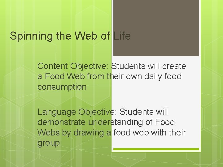 Spinning the Web of Life Content Objective: Students will create a Food Web from