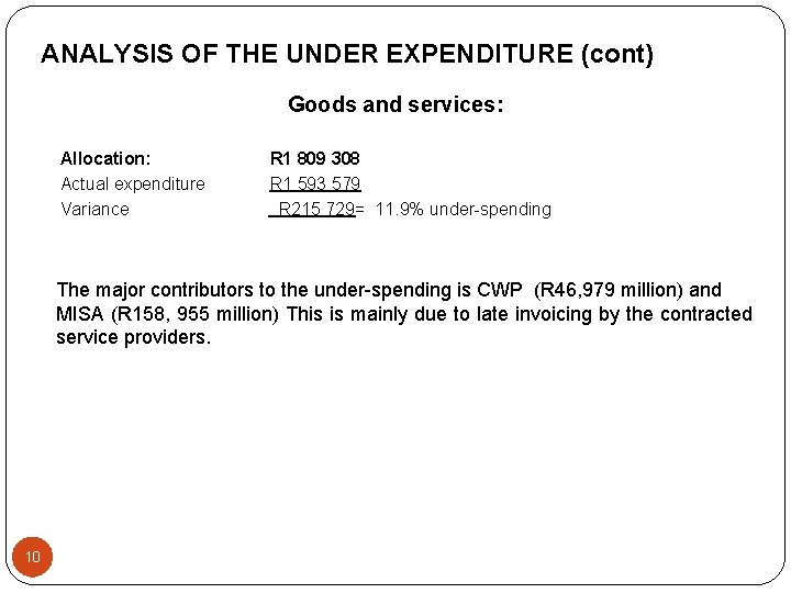 ANALYSIS OF THE UNDER EXPENDITURE (cont) Goods and services: Allocation: Actual expenditure Variance R