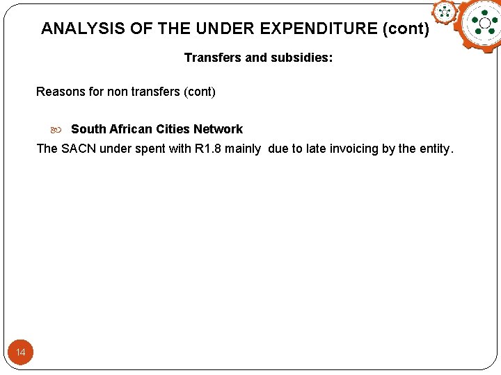 ANALYSIS OF THE UNDER EXPENDITURE (cont) Transfers and subsidies: Reasons for non transfers (cont)