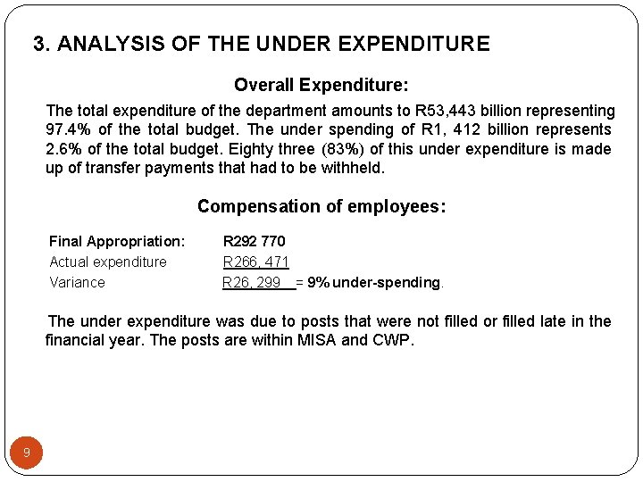 3. ANALYSIS OF THE UNDER EXPENDITURE Overall Expenditure: The total expenditure of the department