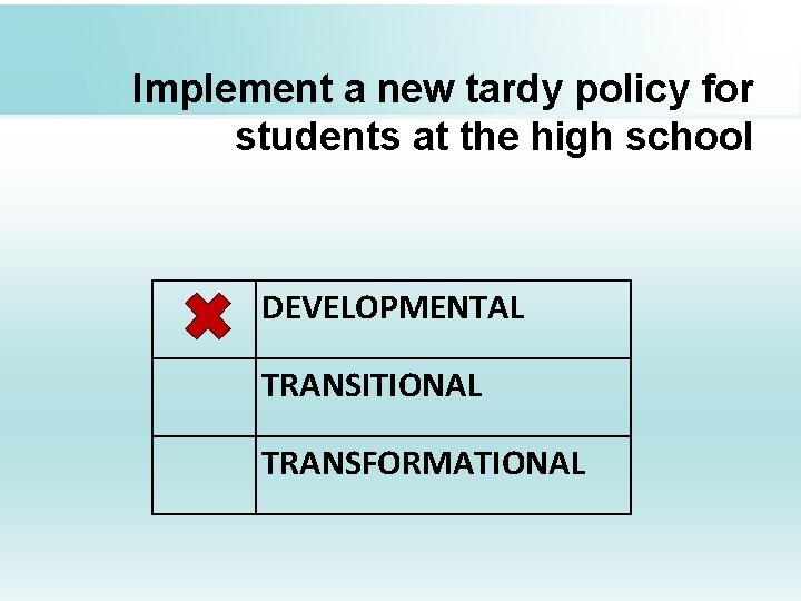 Implement a new tardy policy for students at the high school DEVELOPMENTAL TRANSITIONAL TRANSFORMATIONAL