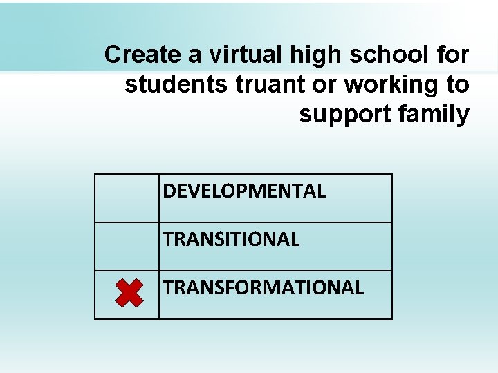 Create a virtual high school for students truant or working to support family DEVELOPMENTAL