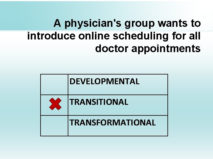 A physician's group wants to introduce online scheduling for all doctor appointments DEVELOPMENTAL TRANSITIONAL