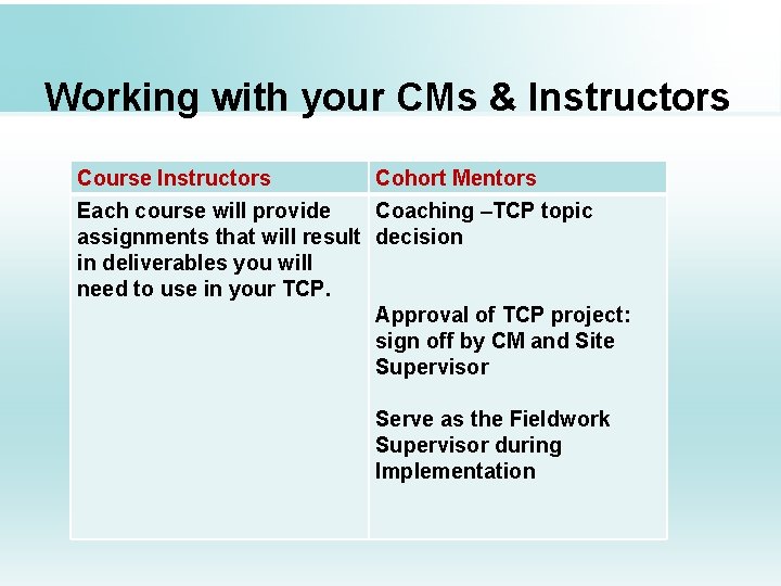 Working with your CMs & Instructors Course Instructors Cohort Mentors Each course will provide