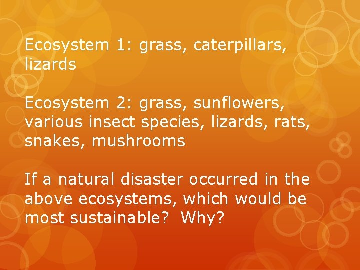 Ecosystem 1: grass, caterpillars, lizards Ecosystem 2: grass, sunflowers, various insect species, lizards, rats, Ecosystem 1: grass, caterpillars, lizards Ecosystem 2: grass, sunflowers, various insect species, lizards, rats,