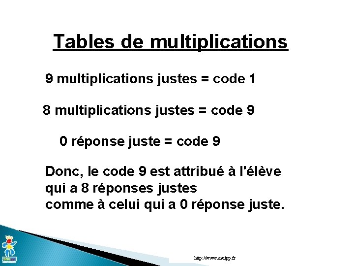 Tables de multiplications 9 multiplications justes = code 1 8 multiplications justes = code