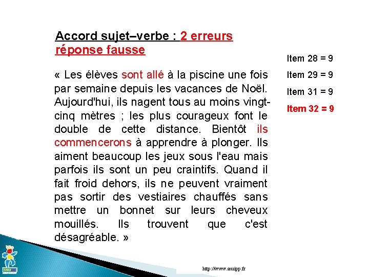 Accord sujet–verbe : 2 erreurs réponse fausse « Les élèves sont allé à la