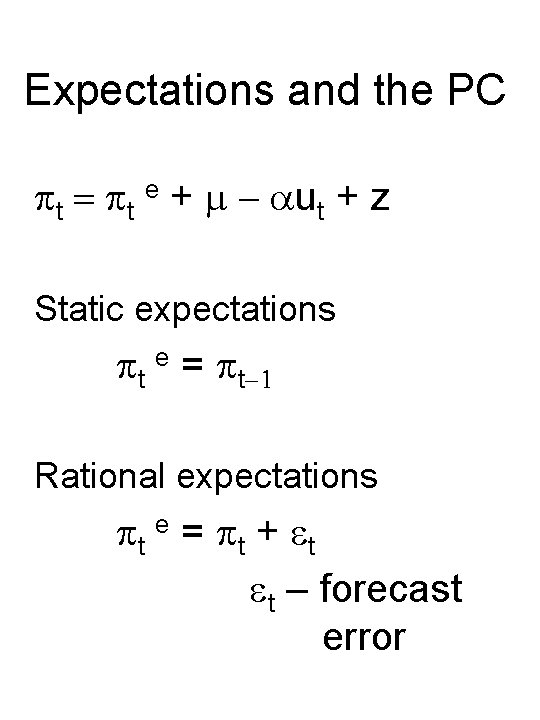 Expectations and the PC pt = pt e + m - aut + z