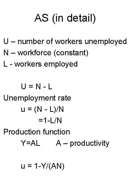 AS (in detail) U – number of workers unemployed N – workforce (constant) L
