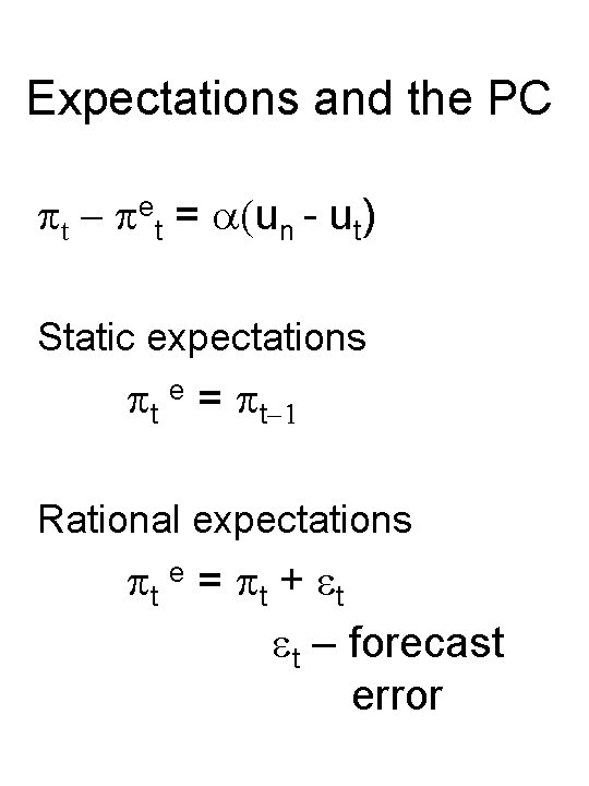 Expectations and the PC pt - pet = a(un - ut) Static expectations pt