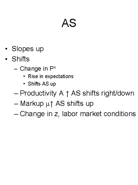AS • Slopes up • Shifts – Change in Pe • Rise in expectations