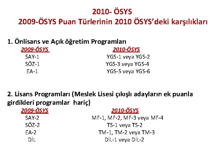 2010 - ÖSYS 2009 -ÖSYS Puan Türlerinin 2010 ÖSYS’deki karşılıkları 1. Önlisans ve Açık