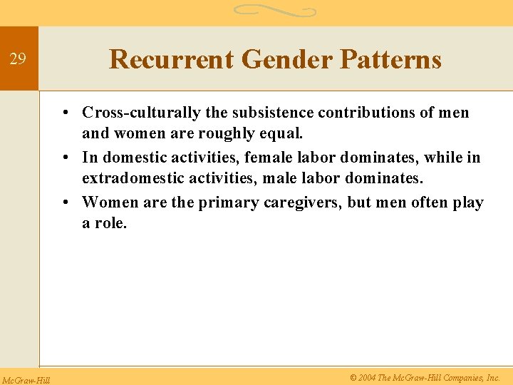 29 Recurrent Gender Patterns • Cross-culturally the subsistence contributions of men and women are