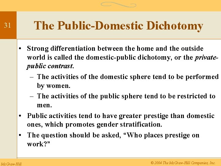 The Public-Domestic Dichotomy 31 • Strong differentiation between the home and the outside world