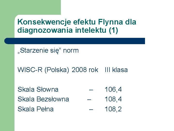 Konsekwencje efektu Flynna dla diagnozowania intelektu (1) „Starzenie się” norm WISC-R (Polska) 2008 rok