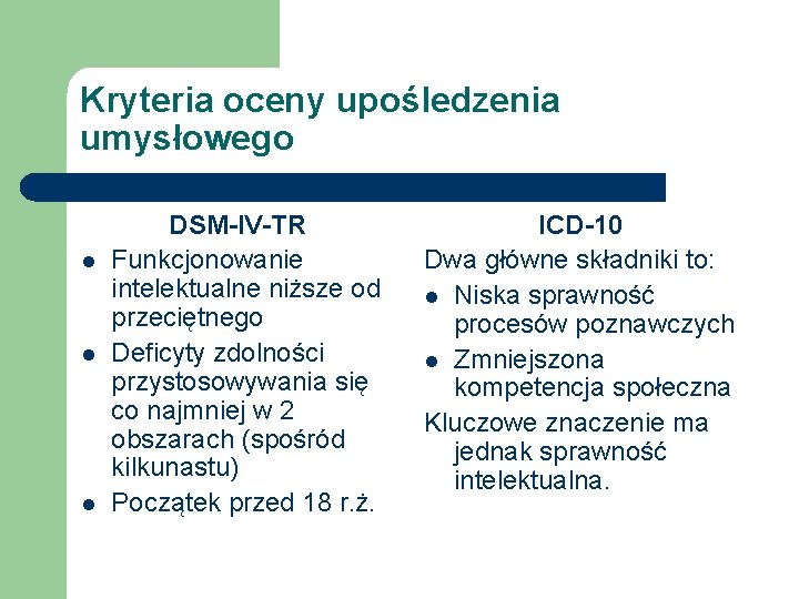 Kryteria oceny upośledzenia umysłowego l l l DSM-IV-TR Funkcjonowanie intelektualne niższe od przeciętnego Deficyty