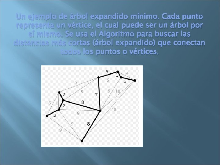 Un ejemplo de árbol expandido mínimo. Cada punto representa un vértice, el cual puede
