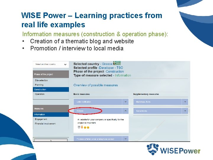 WISE Power – Learning practices from real life examples Information measures (construction & operation