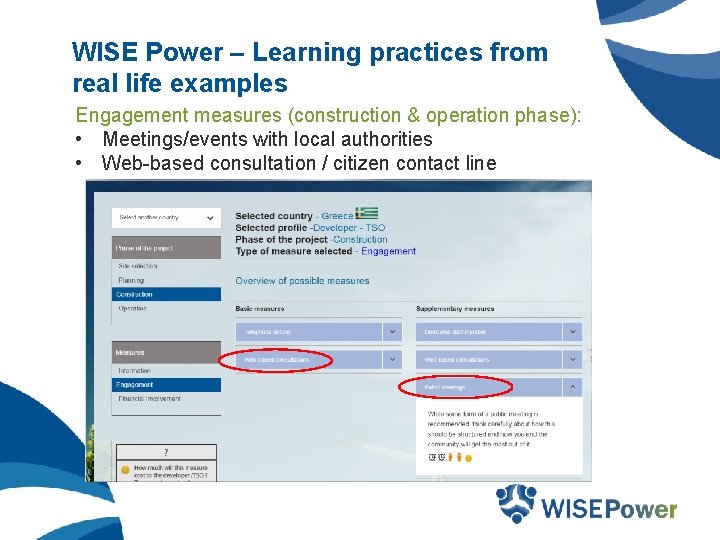 WISE Power – Learning practices from real life examples Engagement measures (construction & operation