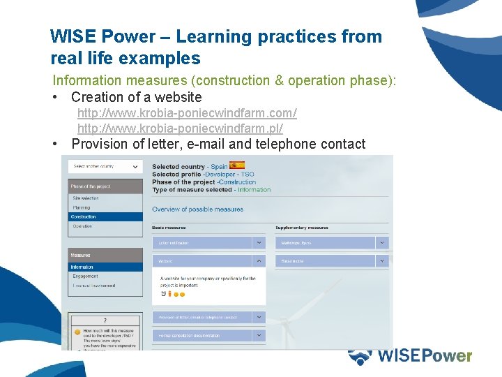 WISE Power – Learning practices from real life examples Information measures (construction & operation