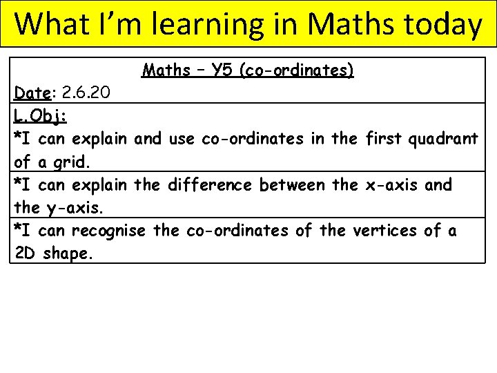 What I’m learning in Maths today Maths – Y 5 (co-ordinates) Date: 2. 6.