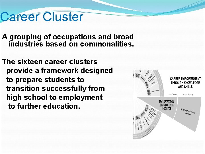Career Cluster A grouping of occupations and broad industries based on commonalities. The sixteen