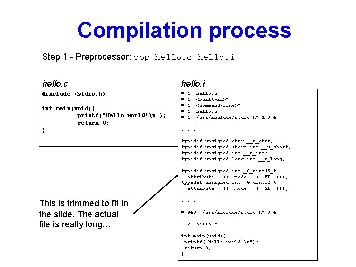 Compilation process Step 1 - Preprocessor: cpp hello. c hello. i #include <stdio. h>