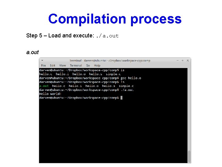 Compilation process Step 5 – Load and execute: . /a. out 