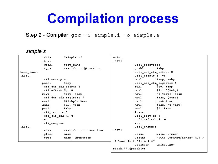 Compilation process Step 2 - Compiler: gcc -S simple. i –o simple. s. file.