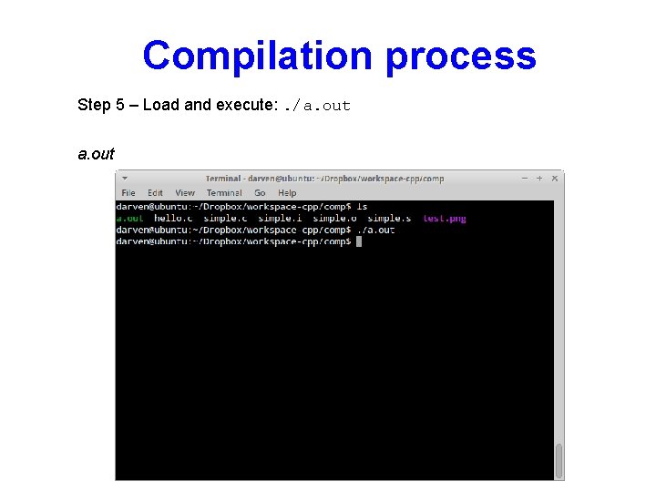 Compilation process Step 5 – Load and execute: . /a. out 