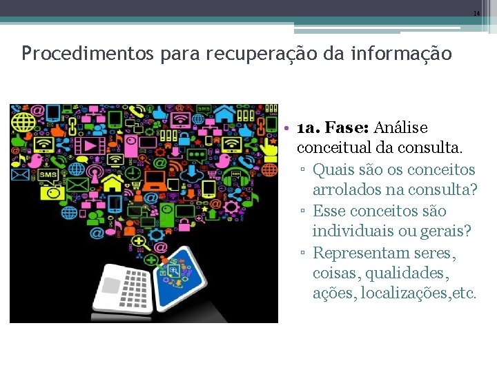 14 Procedimentos para recuperação da informação • 1 a. Fase: Análise conceitual da consulta.