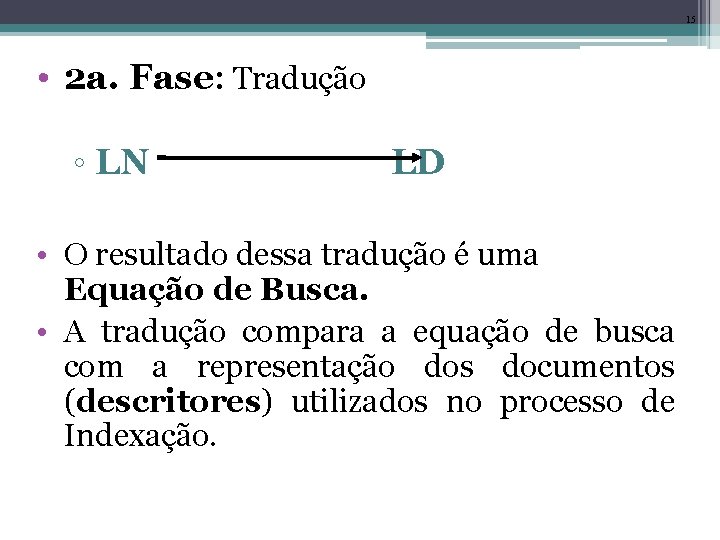 15 • 2 a. Fase: Tradução ◦ LN LD • O resultado dessa tradução