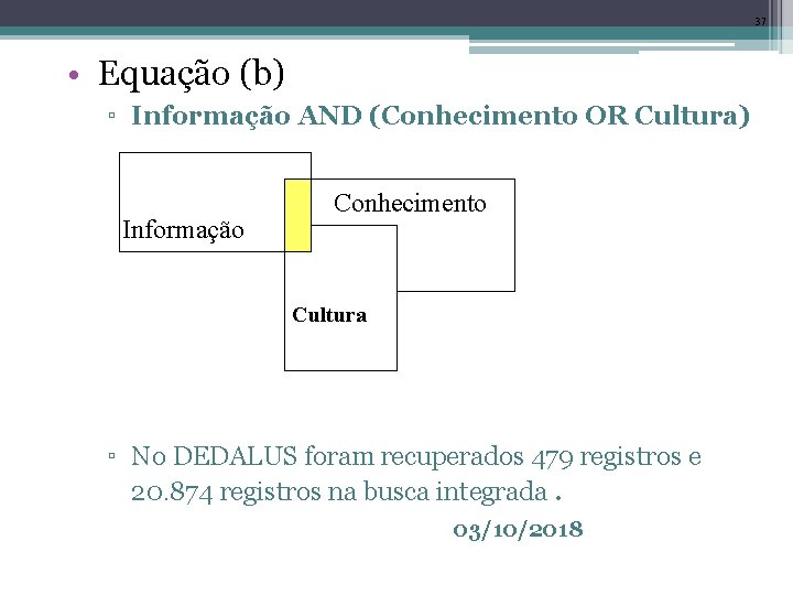 37 • Equação (b) ▫ Informação AND (Conhecimento OR Cultura) Informação Conhecimento Cultura ▫