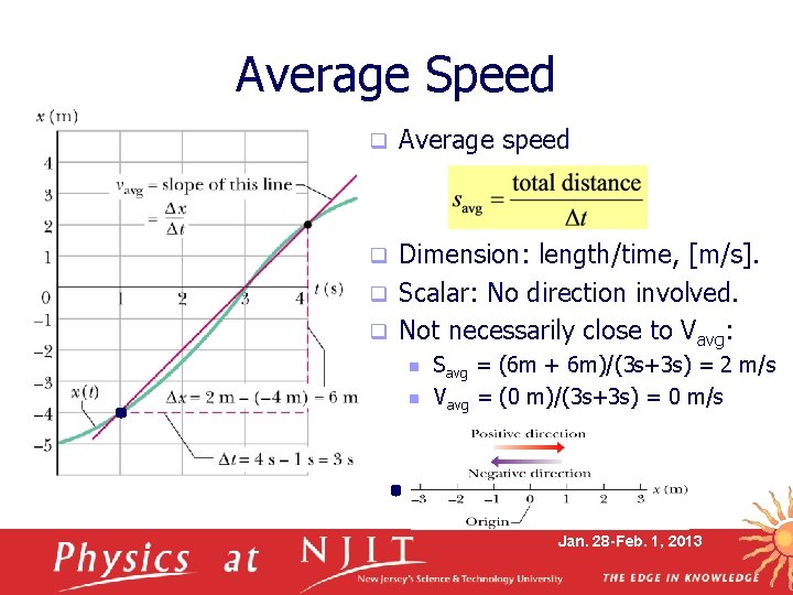 Average Speed q Average speed Dimension: length/time, [m/s]. q Scalar: No direction involved. q