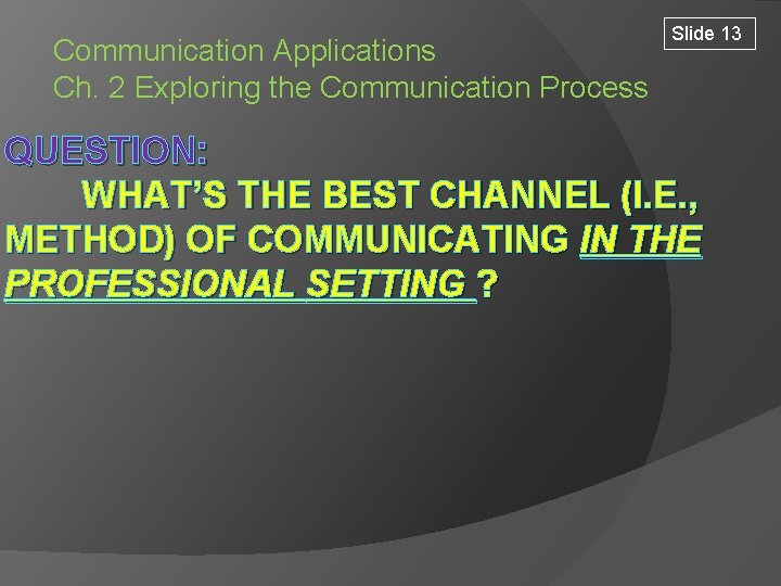 Communication Applications Ch. 2 Exploring the Communication Process Slide 13 QUESTION: WHAT’S THE BEST