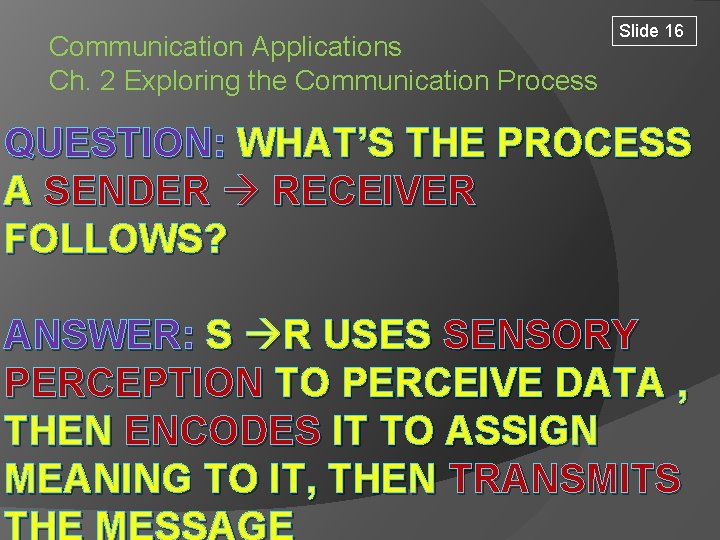 Communication Applications Ch. 2 Exploring the Communication Process Slide 16 QUESTION: WHAT’S THE PROCESS