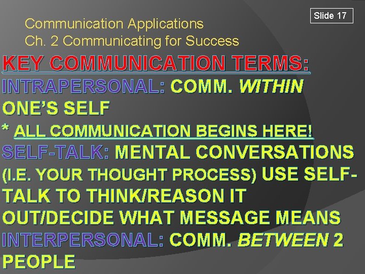 Communication Applications Ch. 2 Communicating for Success Slide 17 KEY COMMUNICATION TERMS: INTRAPERSONAL: COMM.