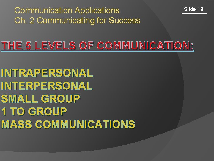 Communication Applications Ch. 2 Communicating for Success Slide 19 THE 5 LEVELS OF COMMUNICATION: