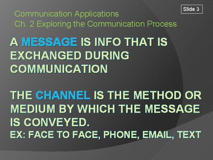 Communication Applications Ch. 2 Exploring the Communication Process Slide 3 A MESSAGE IS INFO