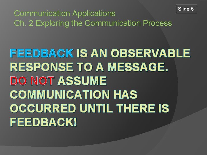 Communication Applications Ch. 2 Exploring the Communication Process Slide 5 FEEDBACK IS AN OBSERVABLE