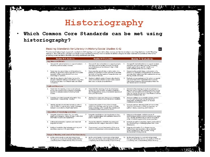 Historiography • Which Common Core Standards can be met using historiography? 