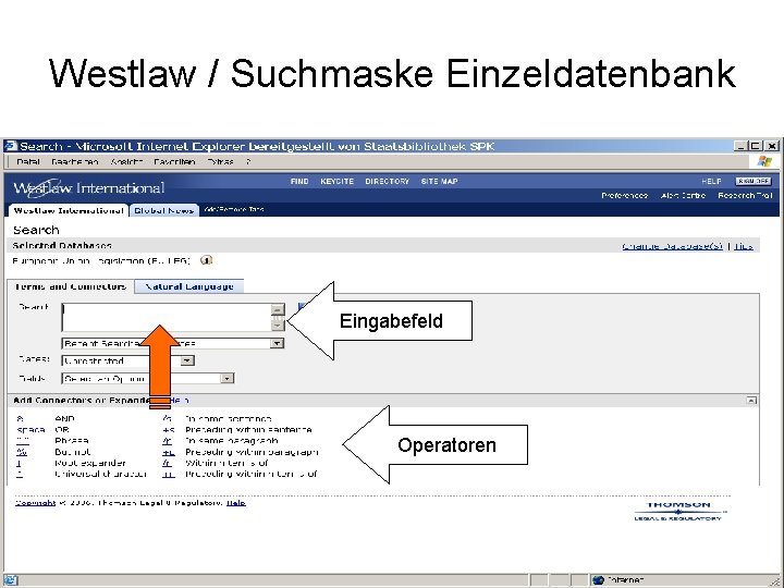 Westlaw / Suchmaske Einzeldatenbank Eingabefeld Operatoren 