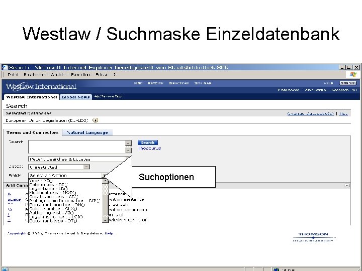 Westlaw / Suchmaske Einzeldatenbank Suchoptionen 