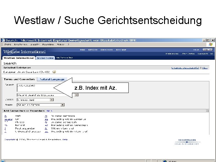 Westlaw / Suche Gerichtsentscheidung z. B. Index mit Az. 