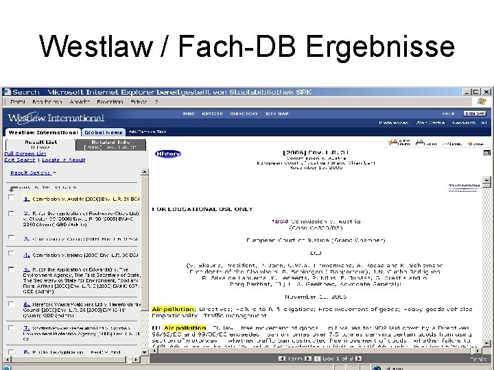 Westlaw / Fach-DB Ergebnisse 