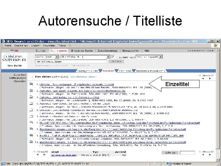 Autorensuche / Titelliste Einzeltitel 