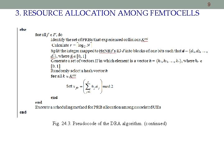 9 3. RESOURCE ALLOCATION AMONG FEMTOCELLS Fig. 24. 3. Pseudocode of the DRA algorithm. 9 3. RESOURCE ALLOCATION AMONG FEMTOCELLS Fig. 24. 3. Pseudocode of the DRA algorithm.