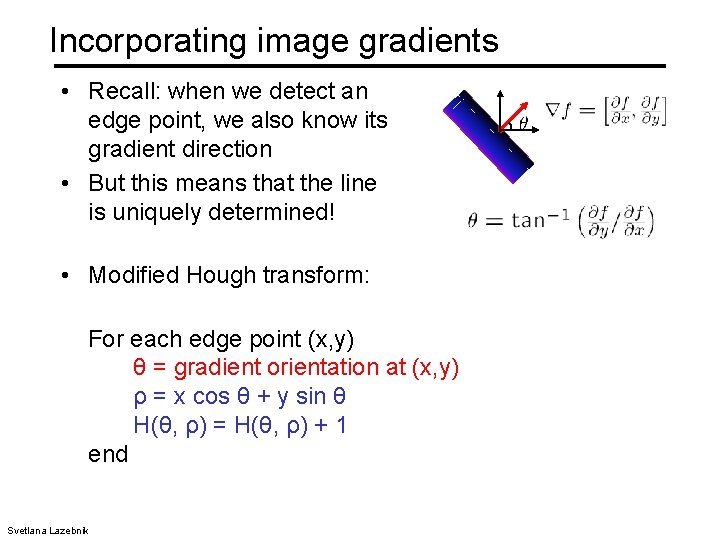 Incorporating image gradients • Recall: when we detect an edge point, we also know