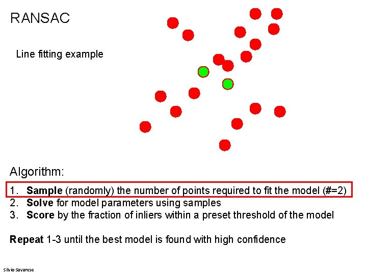 RANSAC Line fitting example Algorithm: 1. Sample (randomly) the number of points required to